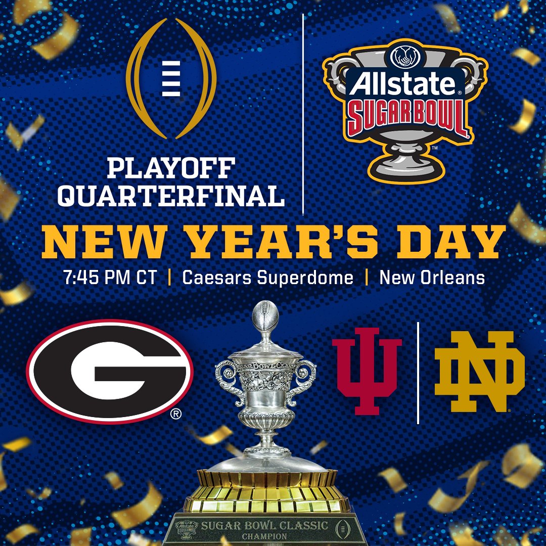 🚨It's Official!🚨

🏆 <a href="/GeorgiaFootball/">Georgia Football</a> will face the winner of <a href="/IndianaFootball/">Indiana Football</a> &amp; <a href="/NDFootball/">Notre Dame Football</a> in the #CFBPlayoff Quarterfinal at the <a href="/Allstate/">Allstate</a> #SugarBowl‼️

📰allstatesugarbowl.org/25sugarbowl