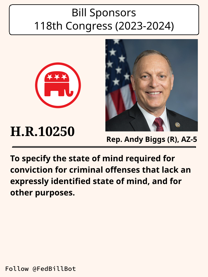 FedBillBot's tweet image. H.R.10250
Mens Rea Reform Act of 2024

SPONSOR: @RepAndyBiggsAZ @andybiggs4az
№ CO-SPONSORS: 4

STATUS: Introduced

LATEST ACTION: House floor - 2024-11-22 Referred to the House ...

#Republicans

congress.gov/bill/118th-con…