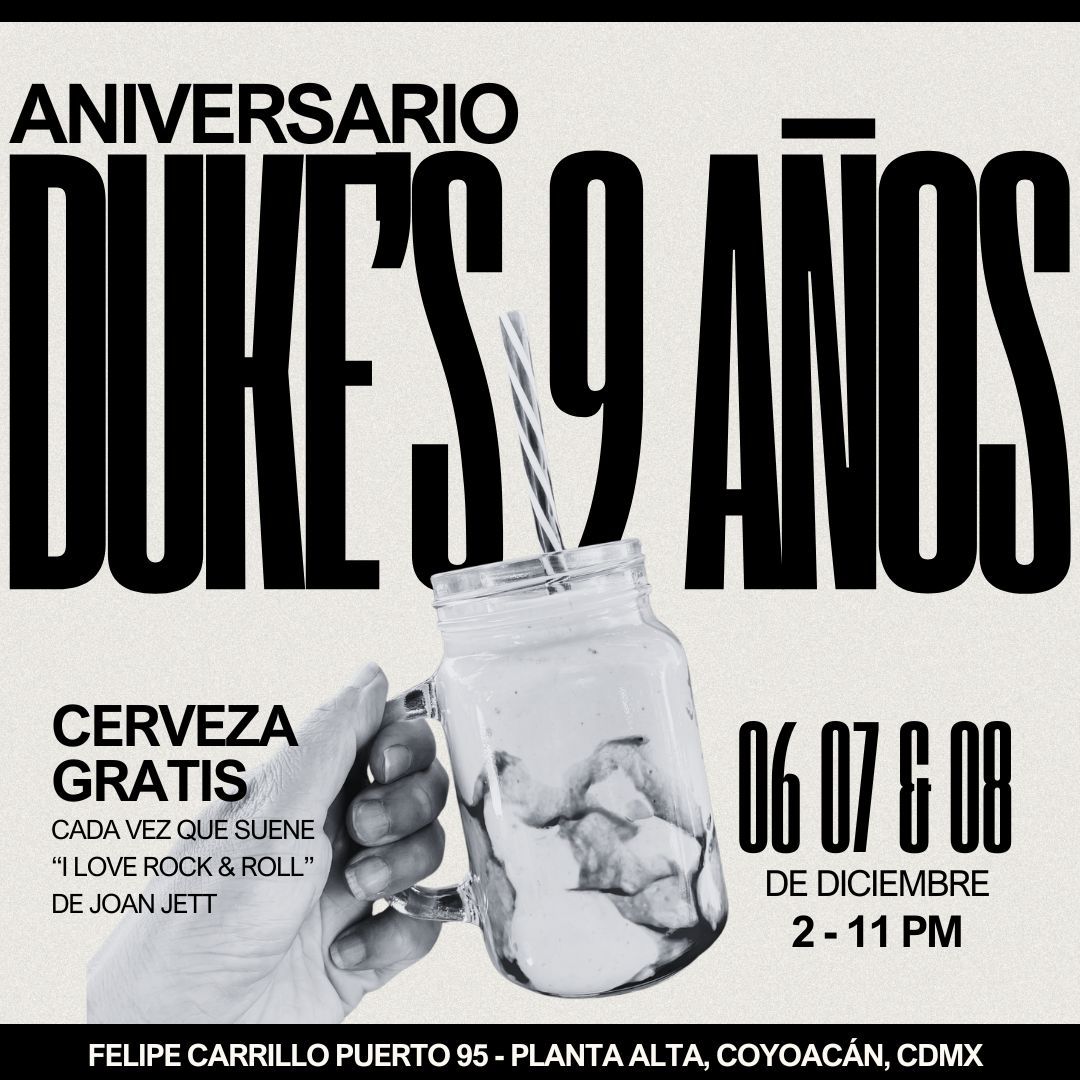 DUKESBURGERSMX's tweet photo. ¡TE ESPERAMOS ESTE DOMINGO PARA 🎉  CELEBRAR NUESTRO 9° ANIVERSARIO!
Visítanos de 2:00 a 11:00 pm este 8 de diciembre y cada vez que escuches  "I Love Rock &amp; Roll" 🎸 de Joan Jett, levanta la mano 🤘 y te llevaremos una cerveza de la casa 🍺 gratis. https://t.co/KtRyxdFWr6