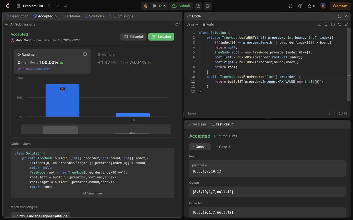 Mohd_Saqib_'s tweet image. ๐ Day 140 of #180DaysOfCoding ๐
โ
1008. Construct Binary Search Tree from Preorder Traversal
Today, I tackled constructing a Binary Search Tree (BST) ๐ณ from preorder traversal.
#BinarySearchTree #BST #Recursion #Java #LeetCode #100DaysOfCode #DSA #letsconnect #connect