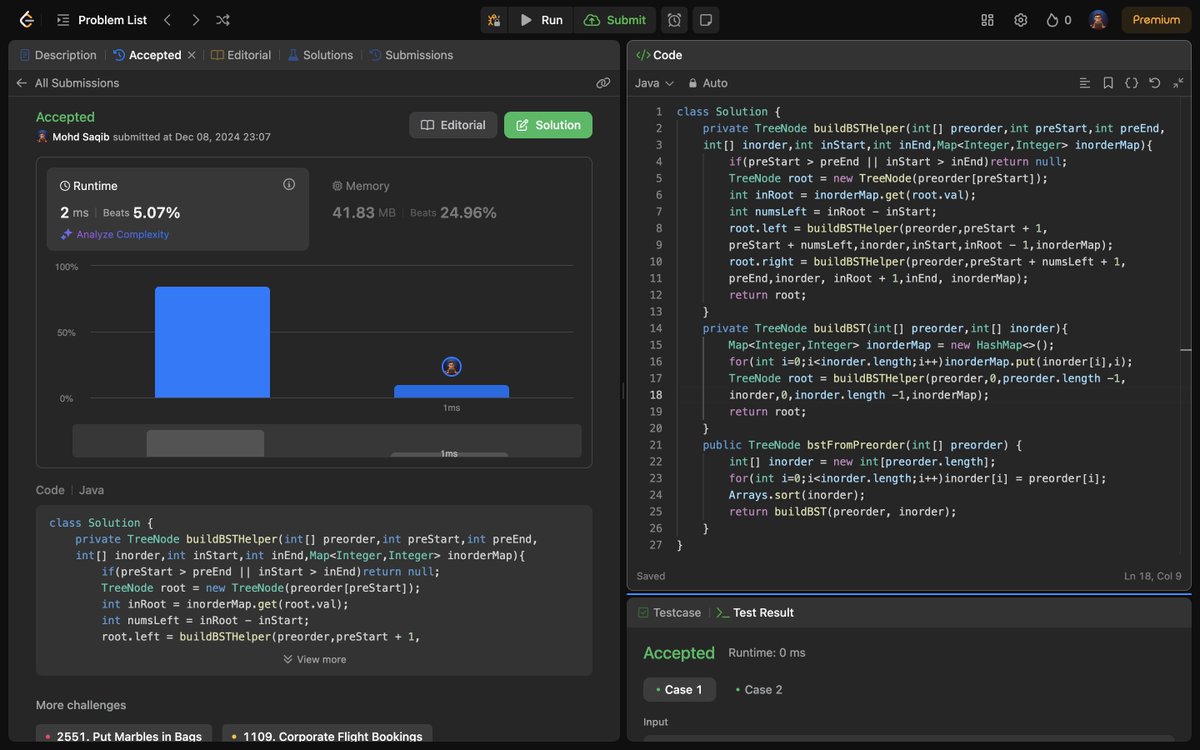 Mohd_Saqib_'s tweet image. ๐ Day 140 of #180DaysOfCoding ๐
โ
1008. Construct Binary Search Tree from Preorder Traversal
Today, I tackled constructing a Binary Search Tree (BST) ๐ณ from preorder traversal.
#BinarySearchTree #BST #Recursion #Java #LeetCode #100DaysOfCode #DSA #letsconnect #connect