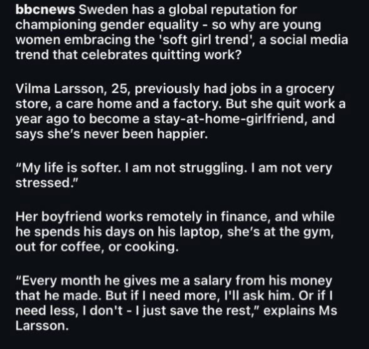 А в это время на <a href="/bbc/">BBC</a> потрясающее расследование. 
В Швеции новый тренд, молодые девушки стали оставлять  работу и жить за счет мужчин! 

Расследование, аналитика, актуальность.