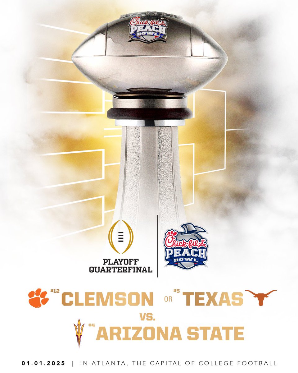 THE SUN DEVILS ARE PEACH BOWL BOUND! 🍑🎉

ASU will take on the winner of No. 12 Clemson vs. No. 5 Texas in the College Football Playoff Quarterfinal at the Chick-fil-A Peach Bowl. 

#CFAPeachBowl // #ForksUp