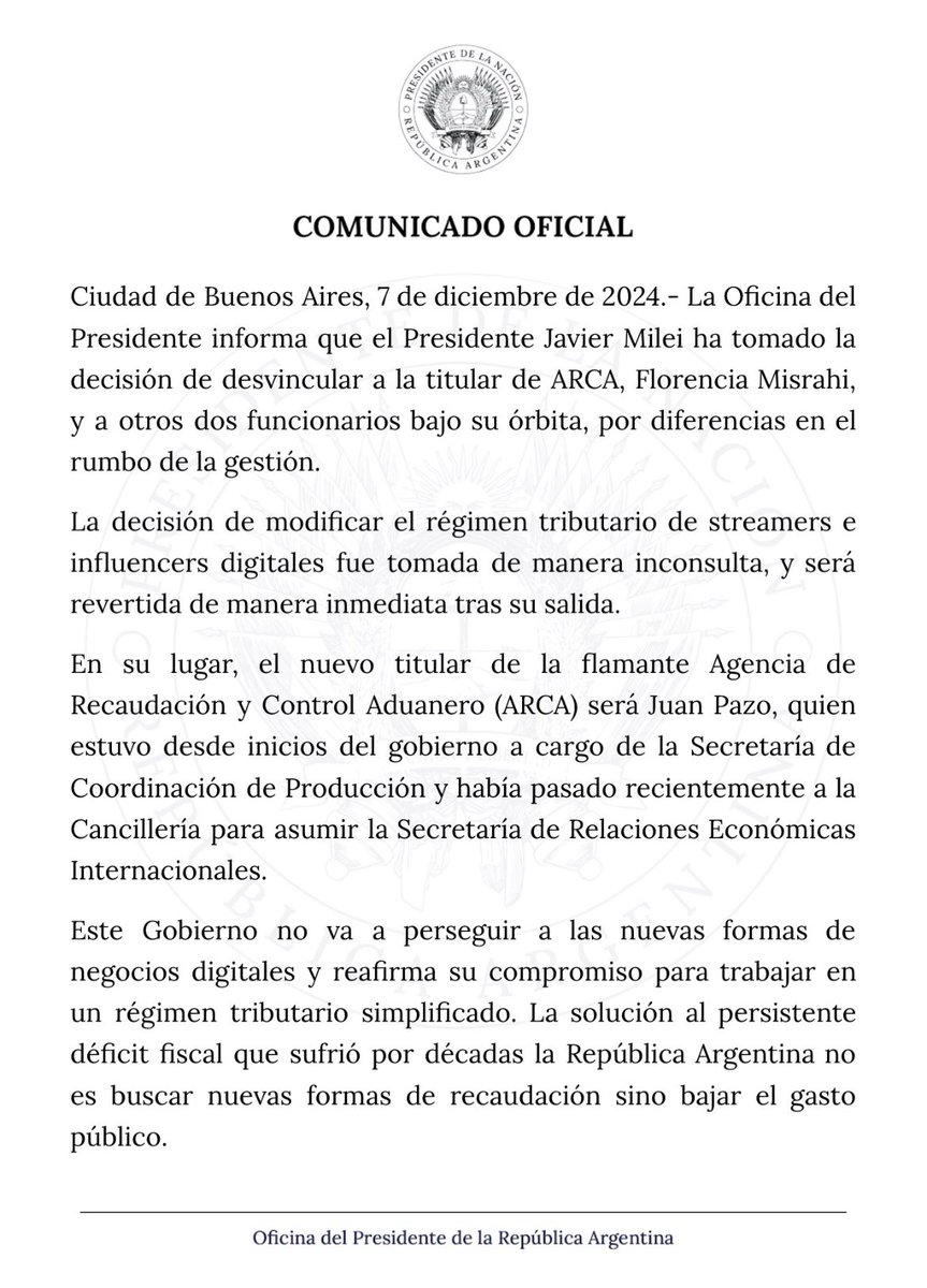 mauad_joao's tweet photo. Javier Milei acaba de demitir o chefe da Agência de Arrecadação de Impostos da Argentina, que pretendia taxar streamers e influenciadores digitais.

Viva la libertad, carajo! 👊 https://t.co/iqcmgvMyMN