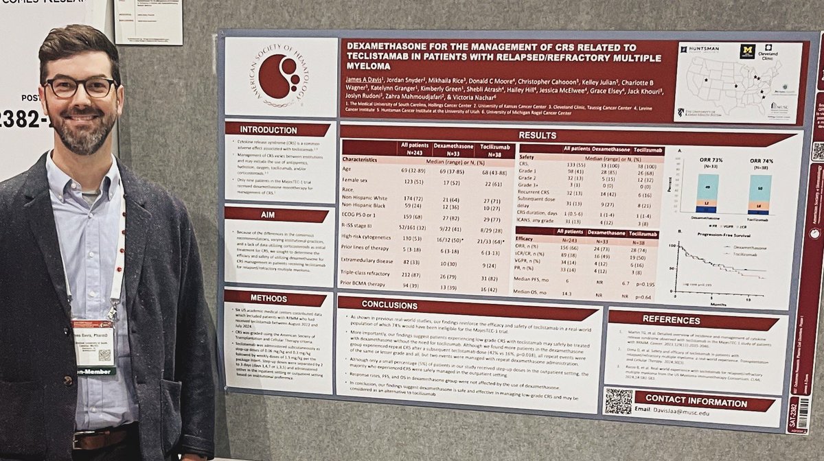 James Davis, PharmD, BCOP (@thisisjamesd) on Twitter photo How do you treat low grade CRS due to myeloma bispecifics? We investigated differences of using dexamethasone and toci in CRS with teclistamab in six US centers and found as few as one 10mg dex dose is enough to alleviate low grade CRS. #ASH24 <a href="/VictoriaNachar/">Victoria Nachar</a> <a href="/kczmj/">Zahra M, PharmD, MBA, BCOP, FHOPA</a> <a href="/j_snyder0132/">Jordan Snyder</a> How do you treat low grade CRS due to myeloma bispecifics? We investigated differences of using dexamethasone and toci in CRS with teclistamab in six US centers and found as few as one 10mg dex dose is enough to alleviate low grade CRS. #ASH24 <a href="/VictoriaNachar/">Victoria Nachar</a> <a href="/kczmj/">Zahra M, PharmD, MBA, BCOP, FHOPA</a> <a href="/j_snyder0132/">Jordan Snyder</a>