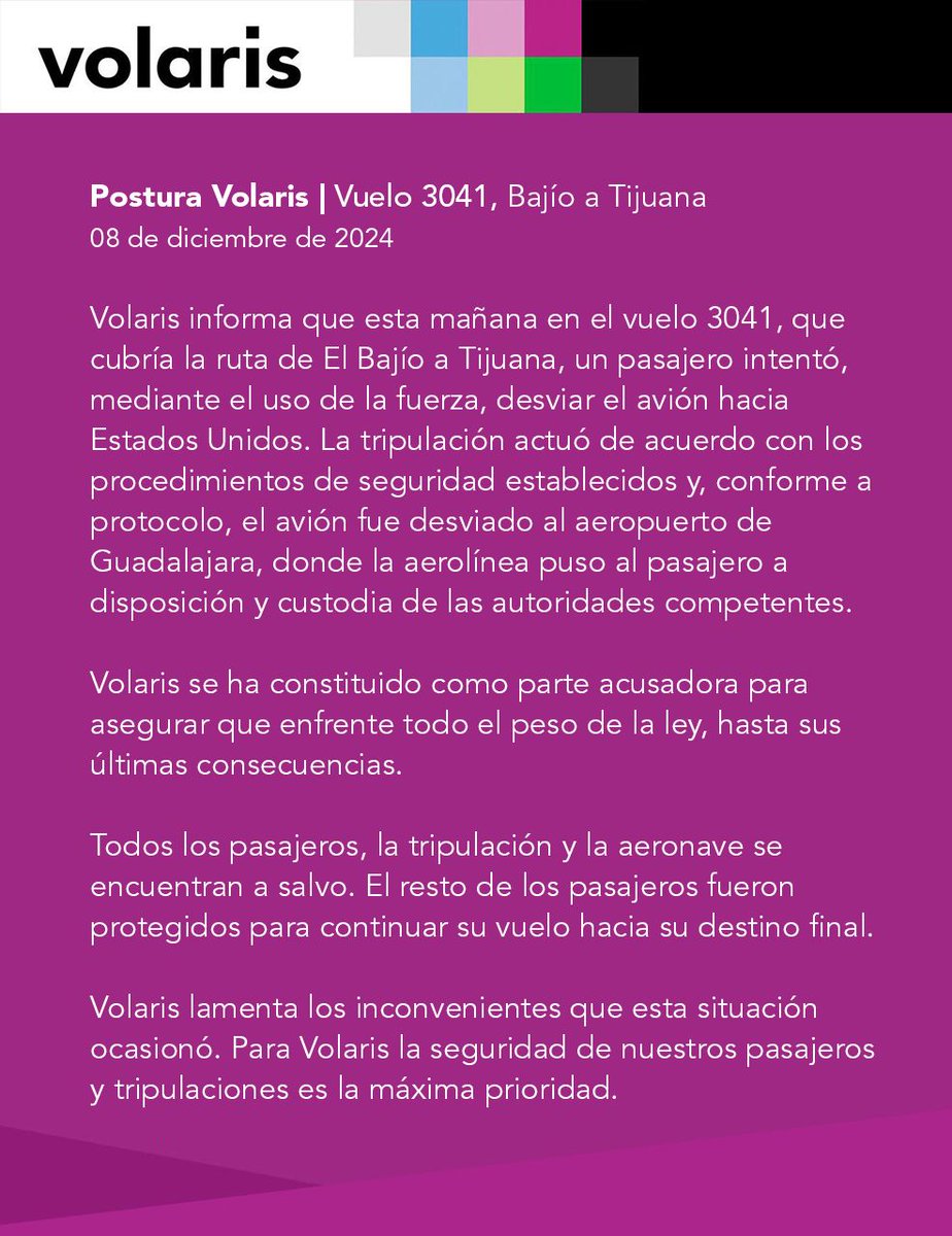 viajaVolaris's tweet image. #VolarisInforma Sobre lo ocurrido durante el vuelo 3041 en la ruta Bajío - Tijuana, nuestra tripulación actuó de acuerdo con los procedimientos de seguridad establecidos y conforme a protocolo.