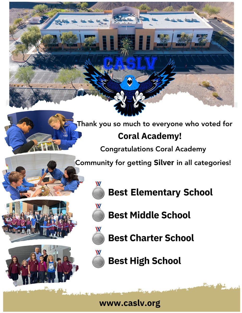 CoralAcademyLV's tweet photo. Exciting News!

The Best of Las Vegas Voting Results have been released.

Thank you so much to our students, teachers, staff, and parents who make #CoralAcademy Best School of Las Vegas and Nevada and voted for #CoralAcademy!

Congratulations to the Coral Academy Community for achieving #Silver in all four categories!

Click on the links below for details:

https://t.co/NNj1GUbiB7
https://t.co/VADxtE2OFO
https://t.co/wIslmISPHI
https://t.co/a56HZmpHcr

Go #Falcons!

#Science
#CASLVPride
#CoralAcademy
#BestofLasVegas
#BestElementarySchool
#BestMiddleSchool
#BestHighSchool
#BestCharterSchool
#SoaringExcelence
#AcademicExcellence
#EducationExcellence
#CoralAcademyofScienceLasVegas