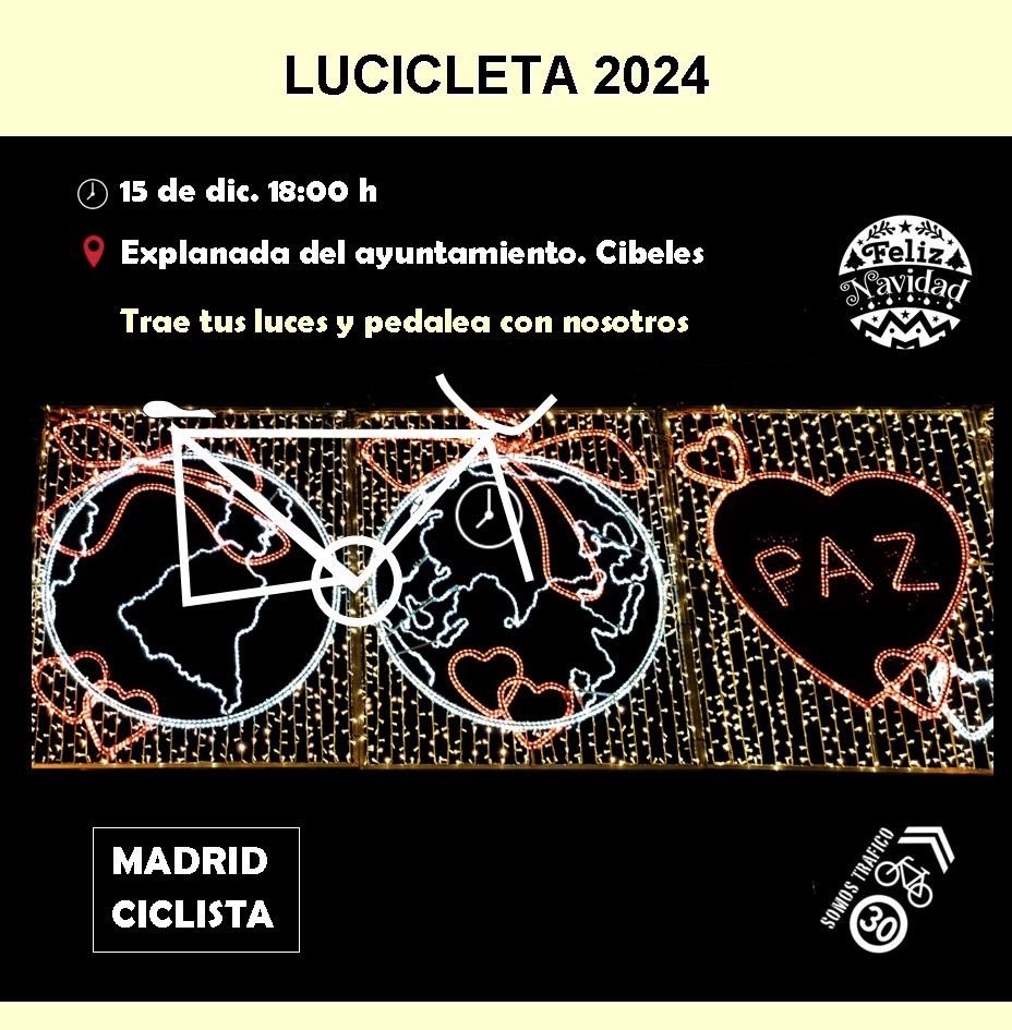 MADciclista's tweet photo. Un año más en Madrid Ciclista celebramos la Lucicleta, un paseo en bici seguro, divertido y festivo por el centro de la ciudad para disfrutar de las luces  navideñas. Este domingo nos vemos en Cibeles. #lucicleta https://t.co/GrRbIGNtlk
