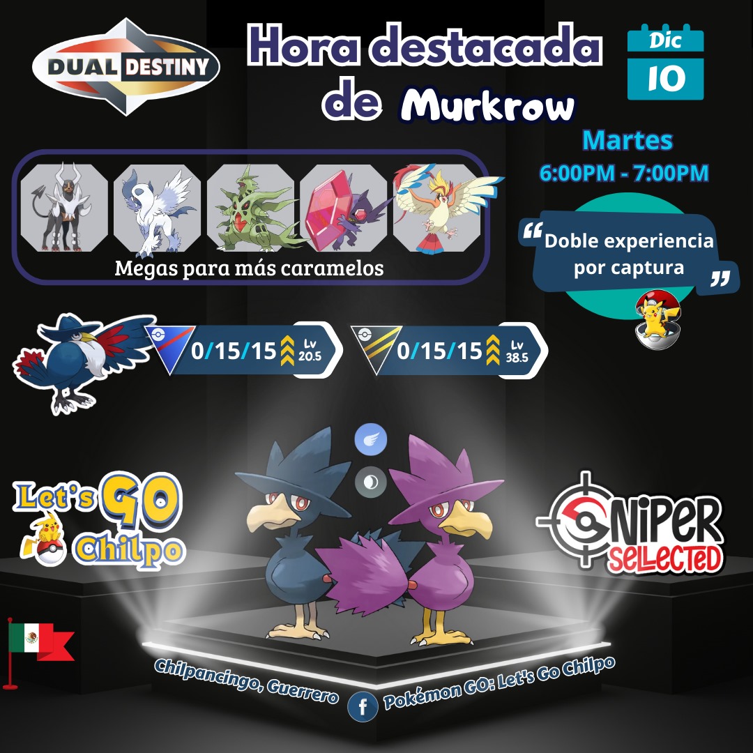Cur1ta's tweet photo. TRAINERS...
♦️• Les dejamos todos los detalles de la hora destacada que está ocasión traerá como protagonistas a #Murkrow
♦️• Martes 10 de Diciembre de 6:00 a 7:00 pm
♦️• Bonus: Doble experiencia por captura 
♦️• disponibles en su versión variocolor✨
#Spotlighthour https://t.co/DdWt8YodaG
