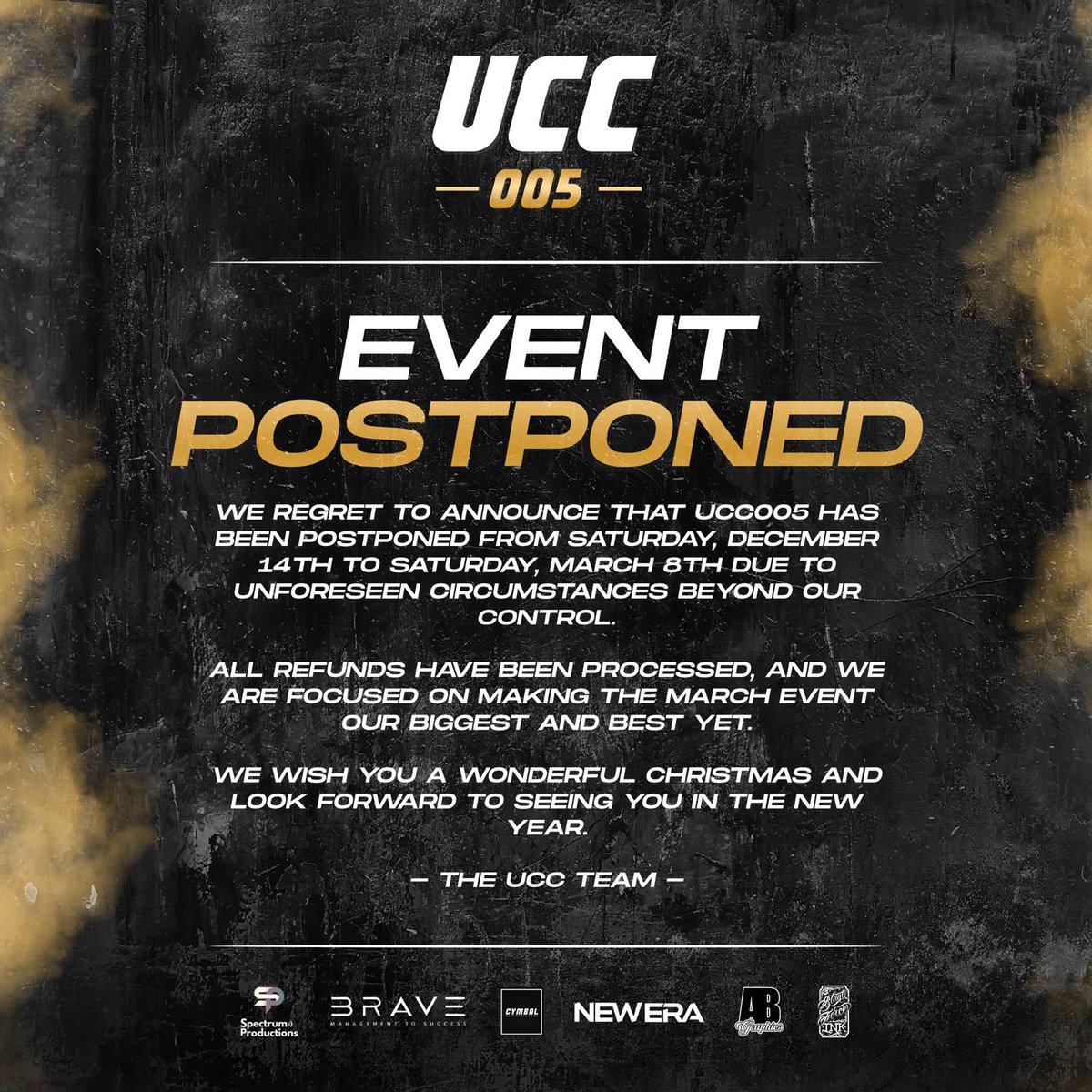 bluntforcekeith's tweet photo. It’s with a lot of sadness we have to postpone next weeks UCC… https://t.co/DxholkEtAe