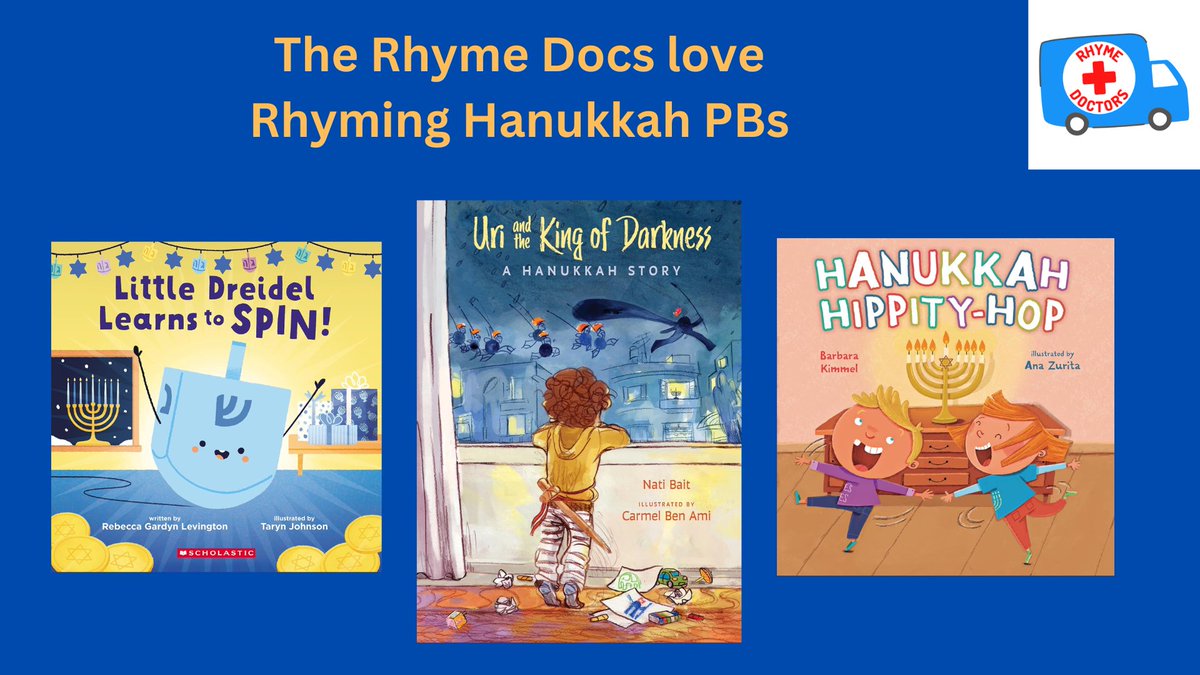 RhymeDoctors's tweet photo. New Rhyming #PictureBooks for the season! 
(and you know we love #poeticmeter &amp; #rhyme!)
Check out these #Hanukkah titles by @WriterRebeccaGL #NatiBait @BKimmelWrites 
#kidlit #RhymeDoctors #Verse 
@PatriciaToht @Schaubwrites @Writer_Meyer https://t.co/WZ8TAiJvcq