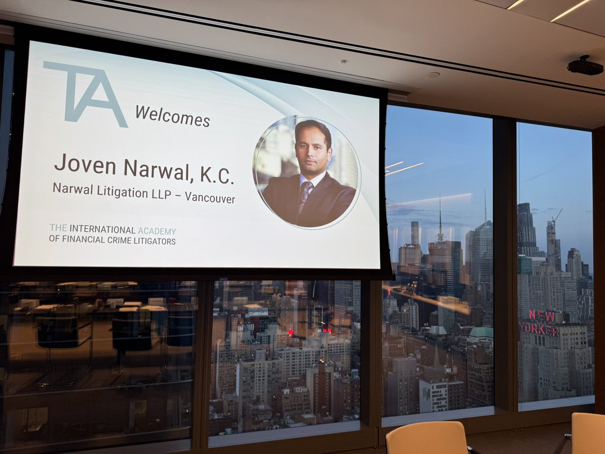 Joven Narwal, KC (@jovennarwal) on Twitter photo Proud to be a Fellow of the International Academy of Financial Crime Litigators. Attended the meeting in NYC, made valuable contributions to the discussions, and left with connections and insights that made it all worthwhile. <a href="/TheAcademyBrass/">International Academy of Financial Crime Litigator</a> Proud to be a Fellow of the International Academy of Financial Crime Litigators. Attended the meeting in NYC, made valuable contributions to the discussions, and left with connections and insights that made it all worthwhile. <a href="/TheAcademyBrass/">International Academy of Financial Crime Litigator</a>
