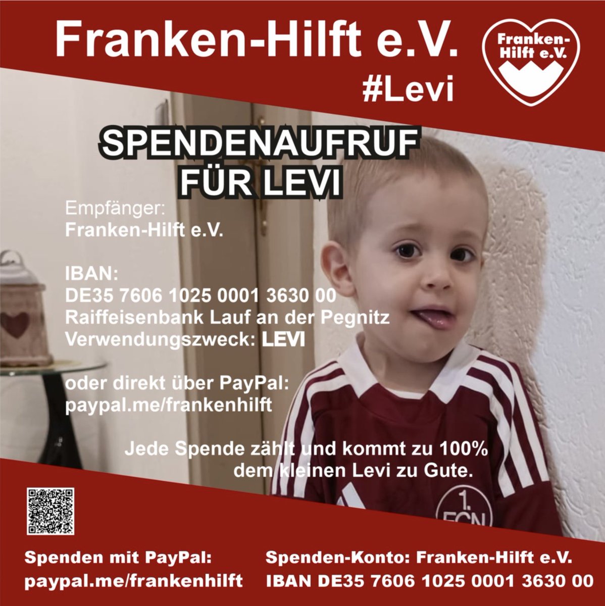 frankenhilft's tweet image. #LeviHelfen: Der 2jährige #Levi lebt mit seiner Familie in #Eschenburg. Er ist #FCN-Fan und war auch schon bei vielen Spielen im Stadion. Doch vor kurzem wurde #Leukämie diagnostiziert und er muss viele Behandlungen durchstehen. #Kinderkrebs
Paypalme:
frankenhilft.de/projekte/levi