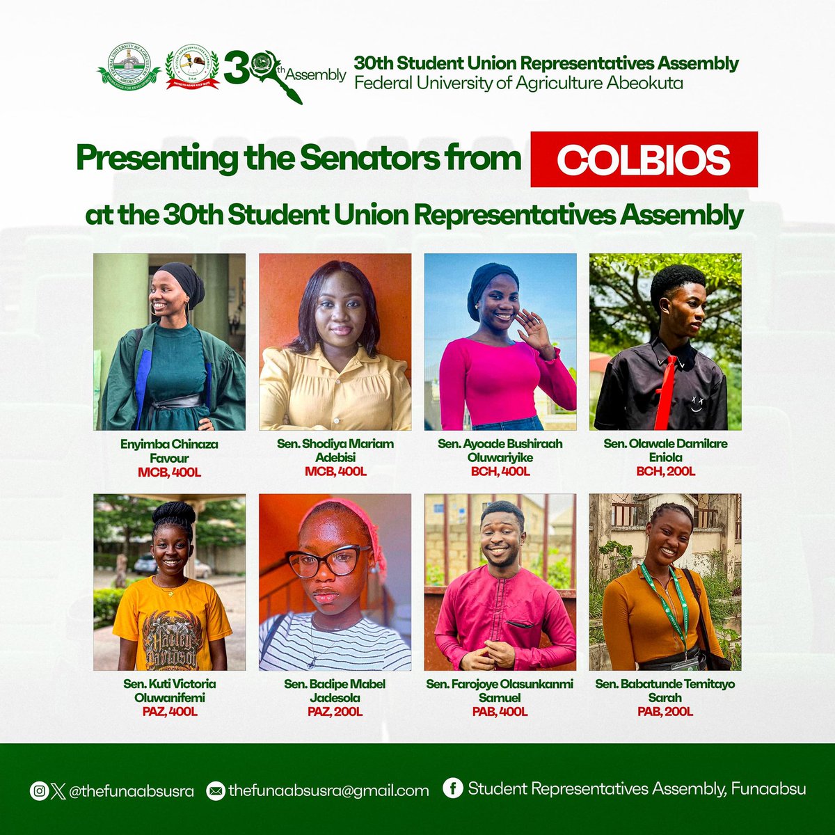 TheFunaabsuSRA's tweet photo. Get to know the driven senators representing the College of Biosciences - COLBIOS! They're devoted to understanding your needs and amplifying your voice.

 Join forces with us to create a more inclusive, representative community that benefits all. #RepresentingYou #SRA #COLBIOS https://t.co/mSycIJiYlR