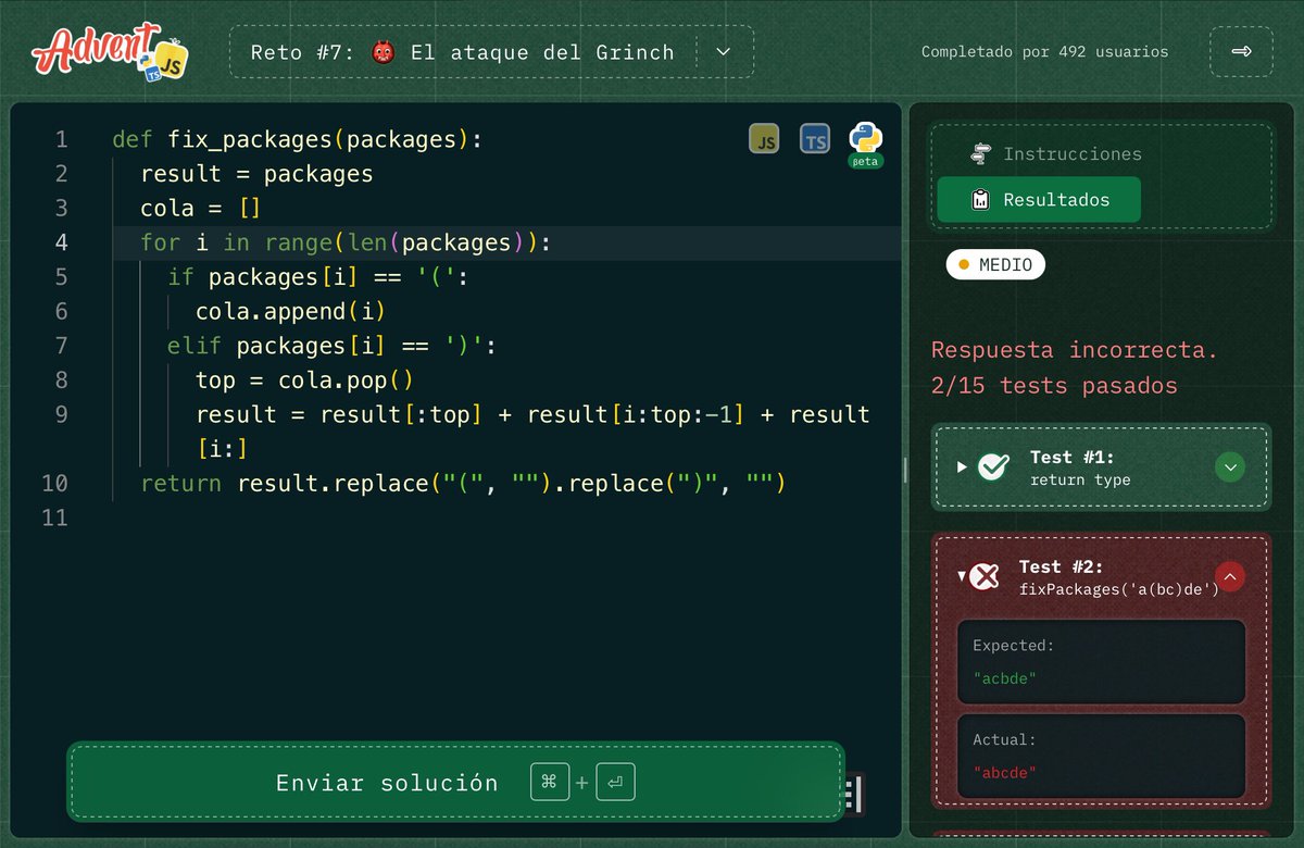ugulberto's tweet image. @midudev otro error en el advent!
Al final me vas a tener que pagar por debugging jajaja
Parece que lo que falla son los list slices, porque el código da una salida incorrecta en el adventjs pero luego en otro compilador da bien.
Muy chulos los retos igualmente!
#adventjs
