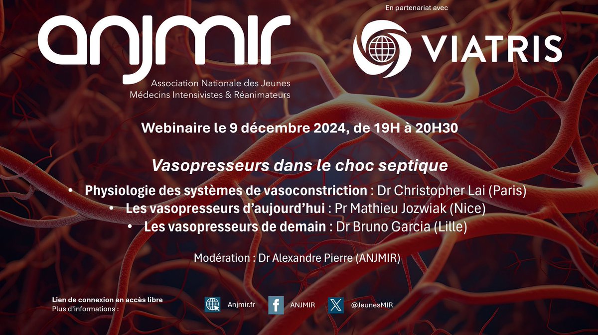 Ne manquez pas notre dernier webinaire sur les vasopresseurs dans le choc septique, demain à 19h !
En partenariat avec <a href="/ViatrisInc/">Viatris</a> 
Lien zoom : univ-lille-fr.zoom.us/j/91878248038?…