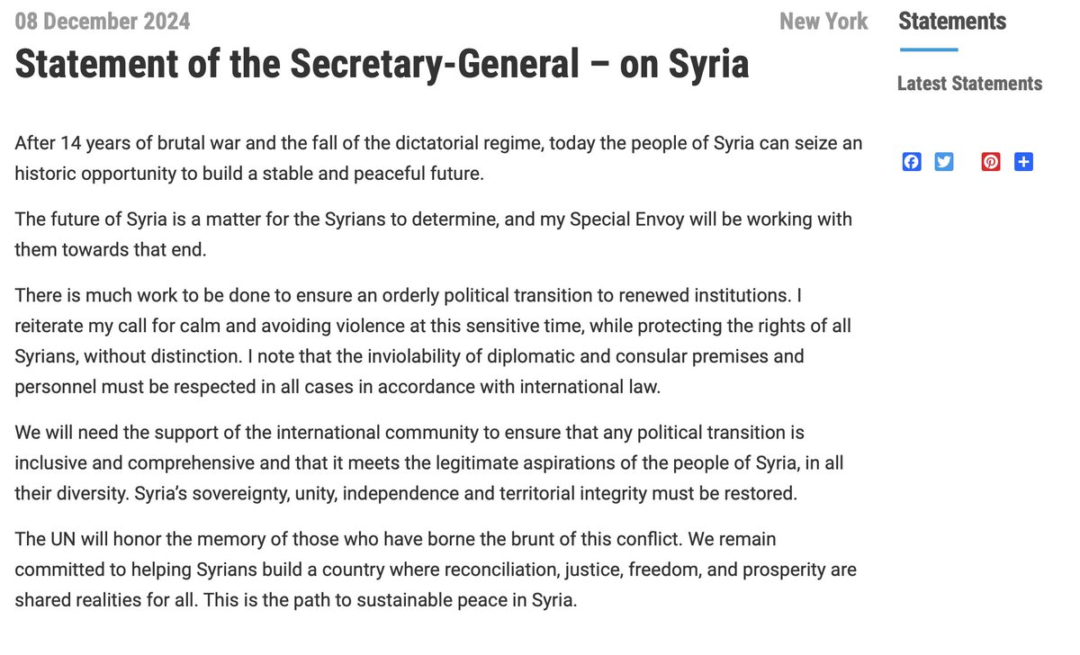 MelissaFleming's tweet photo. After 14 years of brutal war &amp; the fall of the dictatorial regime, the people of #Syria can seize a historic opportunity to build a stable &amp; peaceful future. 
@UN commits to helping Syrians build a country where reconciliation, justice, freedom &amp; prosperity are shared realities. https://t.co/uLPfFCyzAv
