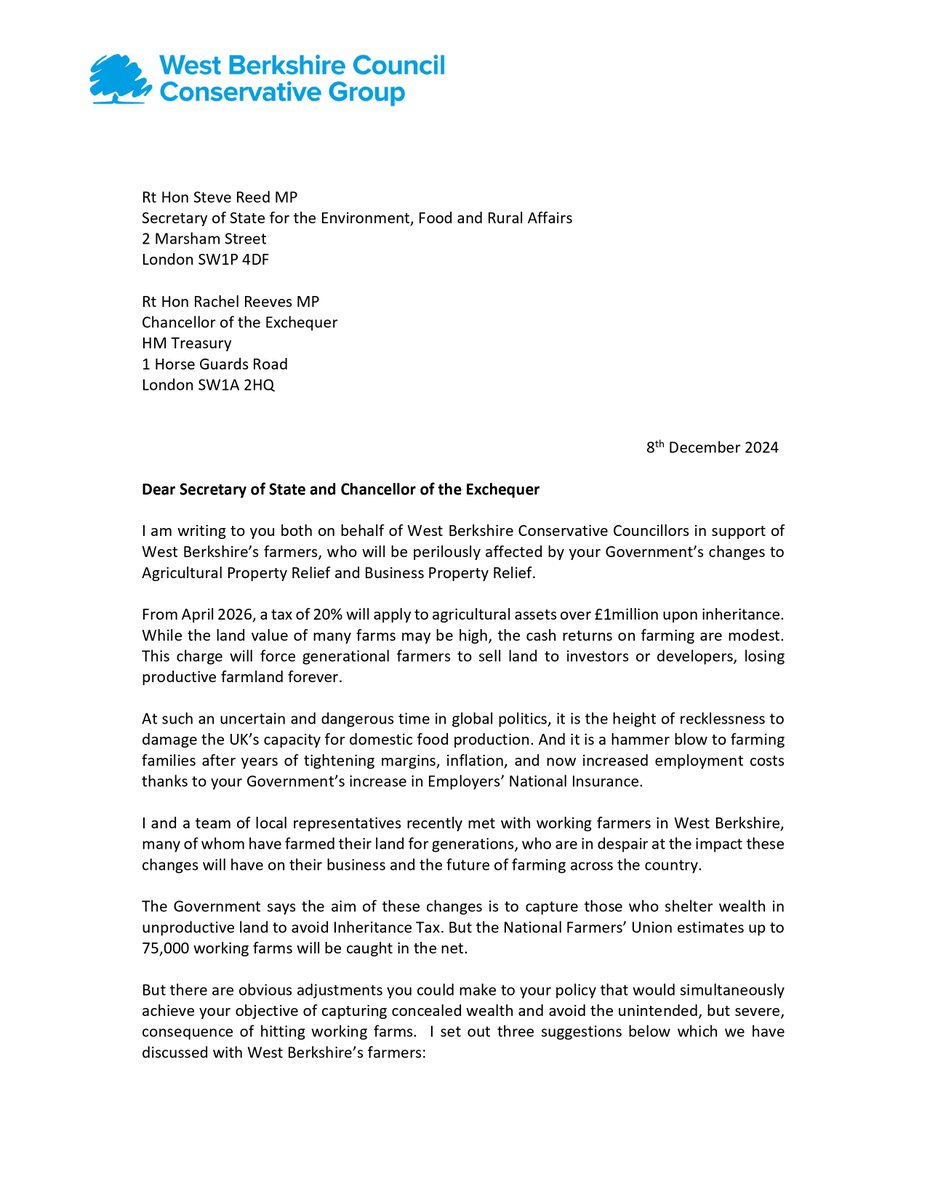 RossMackinnonWB's tweet photo. The #familyfarmtax will cause carnage to UK farming and food production. The Government must listen to farmers and the NFU. 

I know they won't want to be seen to U-turn, but there is an offramp for them if they're willing to take it. 

My letter to the Chancellor and Minister: https://t.co/7pjL3lPrmS