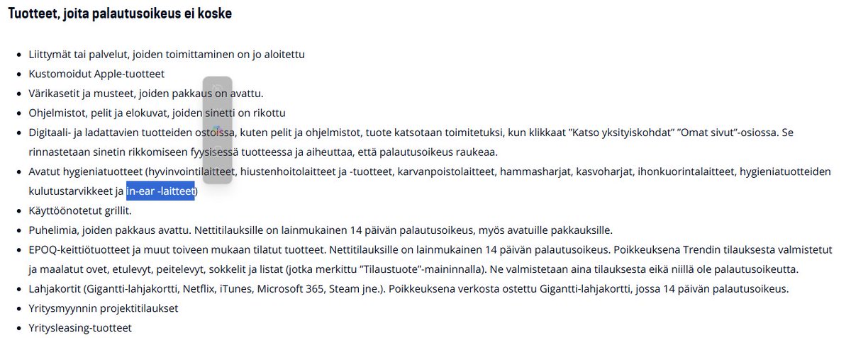 harhauta's tweet photo. @Gigantti  ...antaisin palautetta, tätä kautta koska en muuta kanavaa löynnyt.
Minusta se että tuotteella ei ole palautusoikeutta, kuuluisi kertoa tuotteen myyntisivulla eikä vain teidän palautusehdoissa, tässä tapauksessa Apple airpods pro2 kuulokkeet. https://t.co/RNTON4WDrR