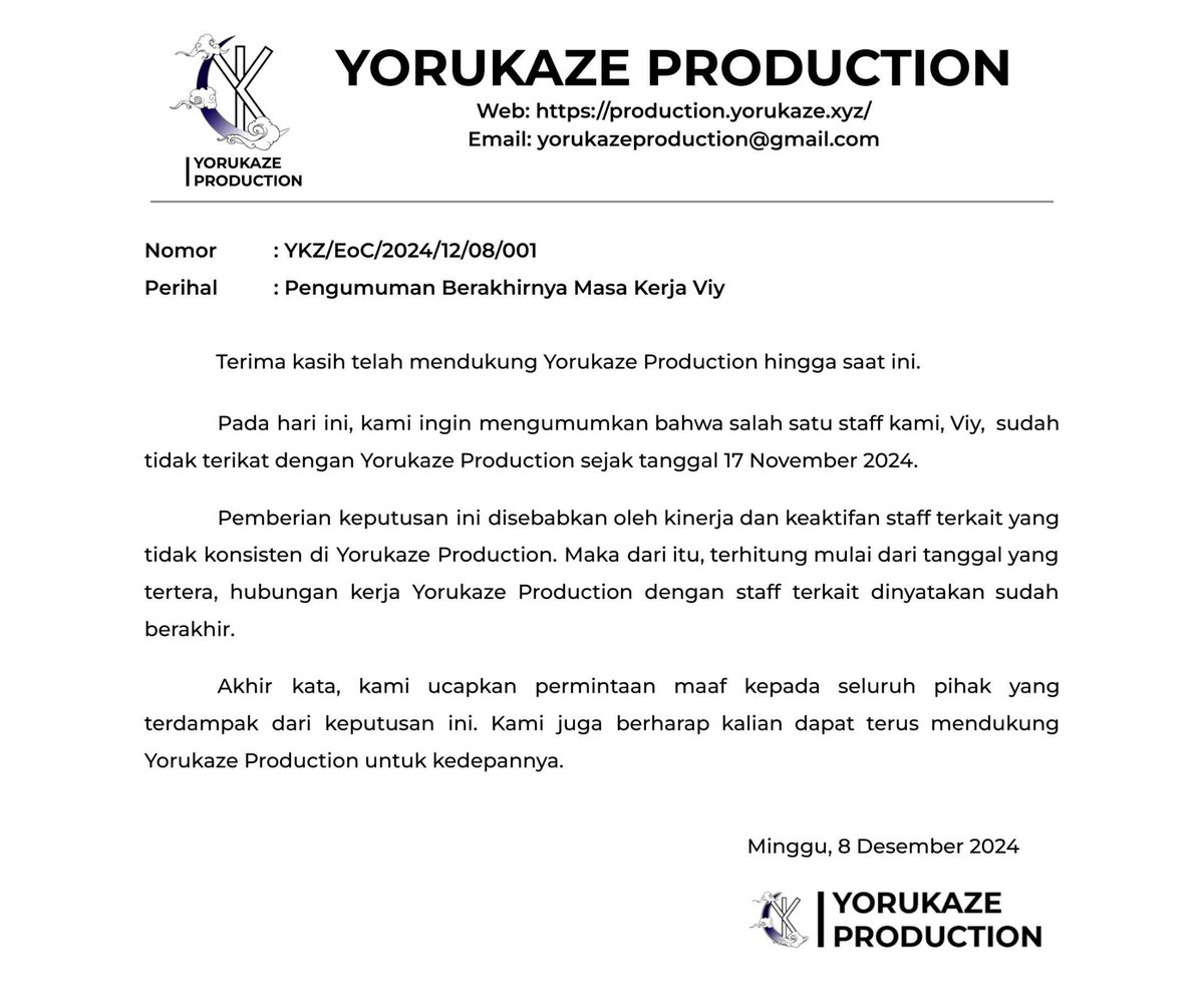 Pengumuman Berakhirnya Masa Kerja Viy