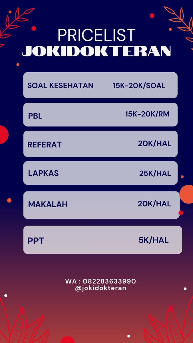Testie Joki tugas ppt PBL ya✨ 
Pricelist bisa diliat ya  

#jokikedokteran #zonauang #zonalaba #jokipbl #jokijurnal #jokimakalah #jokibiologi #jokitugas #Jokiskripsi #fk #kedokteran #jokimakalah #jokibiologi #jokipbl #jokitutorial  #jokiskripsikedokteran