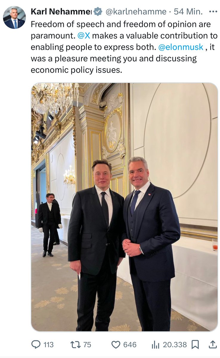 austrocom's tweet image. Genosse Karl #Nehammer meets Genie #ElonMusk und preist X als Freedom of Speech. Der Himmel und seine Groupies kurz vorm Herzinfarkt 🤣🤣🤣