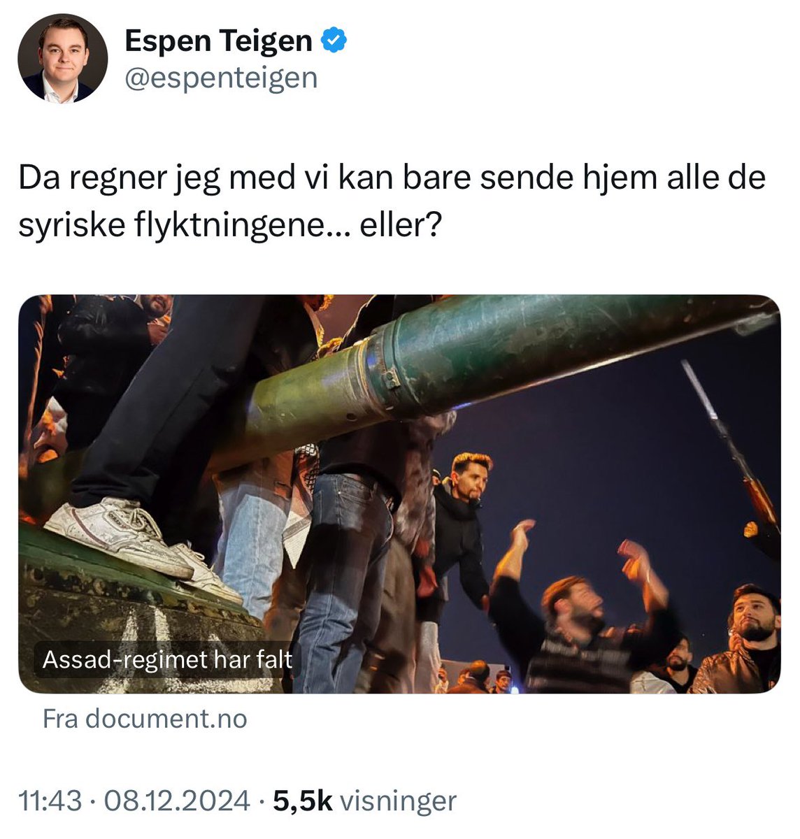 Slakteren Assad har falt. For frihetselskende mennesker verden over er det en håpets dag. For kremen av norske kulturkrigere er det en dag fylt av forutsigbar budskapsdisiplin.