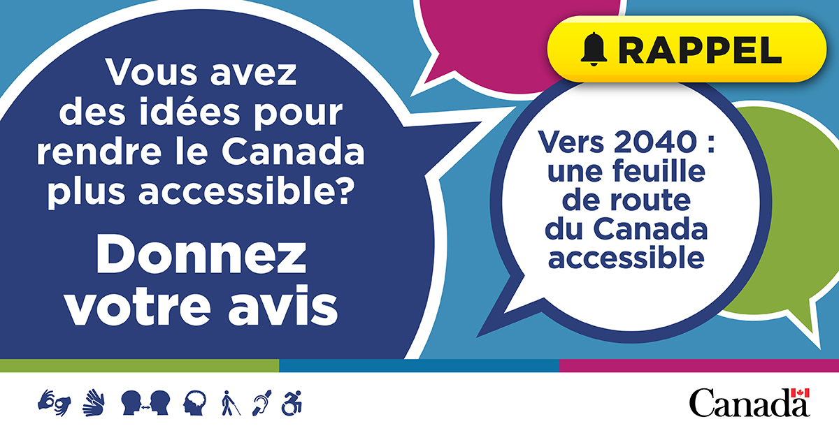 Plus qu’un mois pour donner votre avis sur la Feuille de route du Canada accessible! Dites-nous ce qu’il faut faire pour que le Canada devienne un pays exempt d’obstacles d’ici 2040. 

Participez d’ici le 8 janvier 👉 ow.ly/QKMM50Um35a