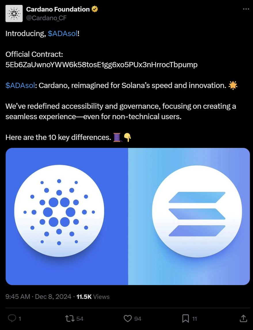 🚨Cardano Foundation X account has been compromised.  

I reached out to someone at CF, they have confirmed it's been hacked. Do not trust any links to dApps, or new tokens being launched on X.

ADAsol IS A SCAM
