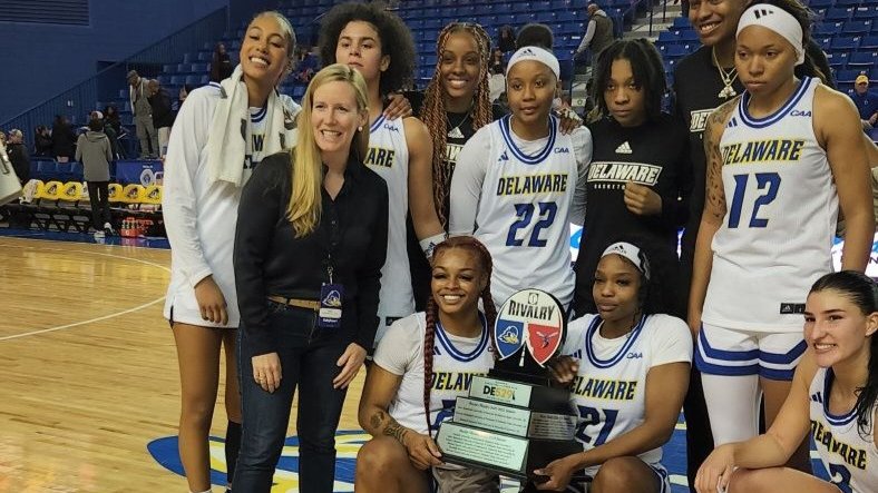 Delaware Day seemed to be an appropriate day for the Route 1 Rivalry game between the <a href="/UDelaware/">Univ. of Delaware</a> Women's Basketball team the <a href="/DSUwbb/">Delaware State WBB</a> team
sponsored by the DE529 Education Savings Plan. Congratulations to the Blue Hens on their victory!