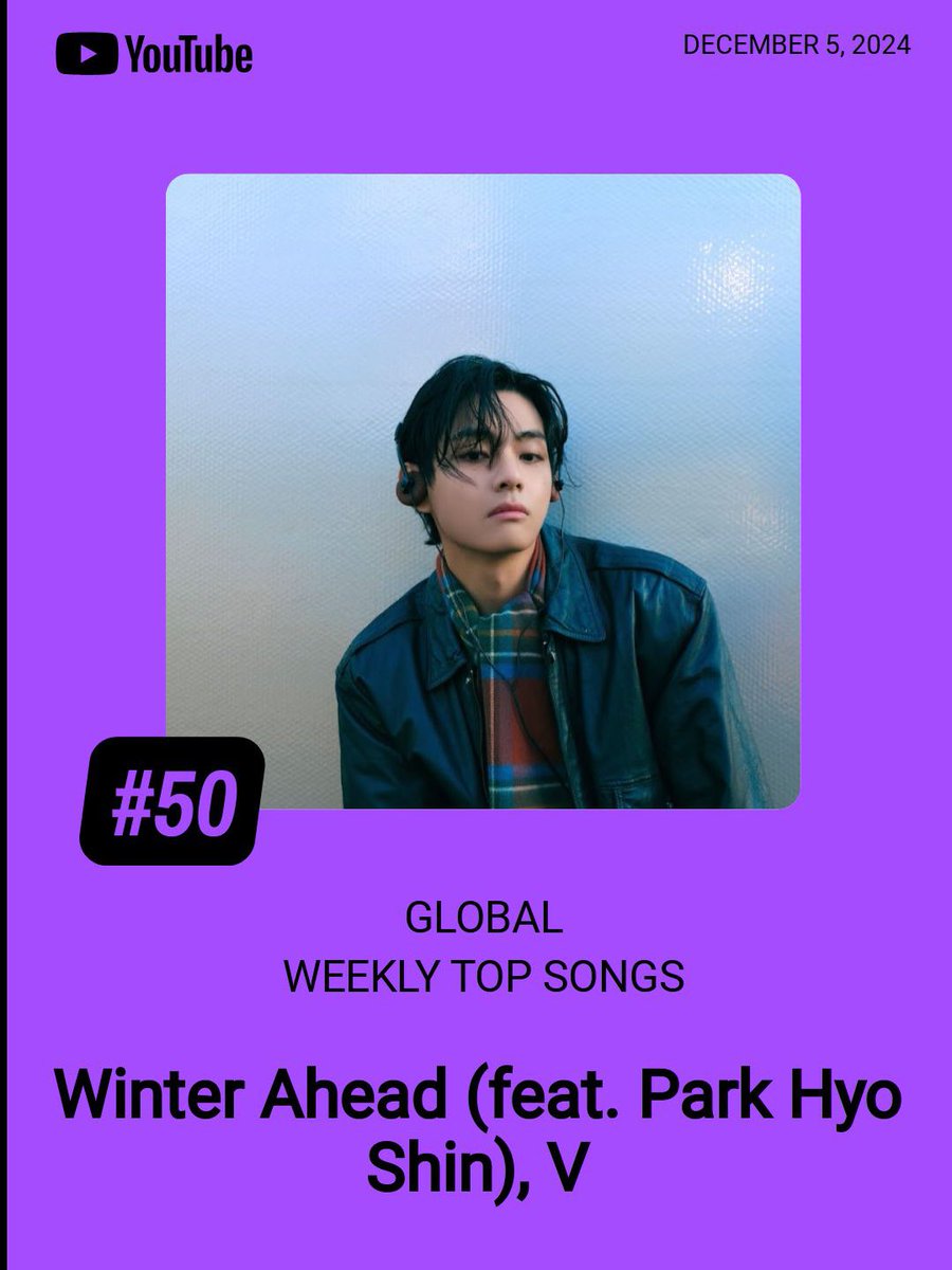 hallyusavage's tweet photo. #WinterAhead by #V (with PARK HYO SHIN) has officially debuted at #50 on YouTube's Weekly Top Songs Global Chart! 🌏🎥

Congratulations Taehyung on this remarkable achievement! 🥳💜 #WinterAheadGlobal #VOnTop https://t.co/EuhTmoRTDz