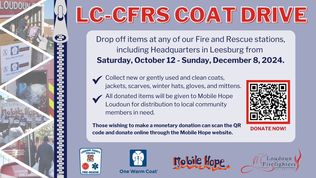 Today (12/8) is the LAST DAY for our Coat Drive! 🧥🧤🧣Donations of clean &amp; gently used or new coats, jackets, scarves, winter hats, gloves, &amp; mittens can be dropped off at all fire and rescue stations throughout #Loudoun! Learn more: loudoun.gov/CivicAlerts.as…