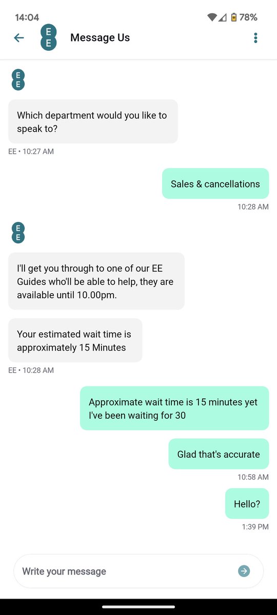 GeoTheNine's tweet photo. @EE glad to see your live chat staff pay attention on Sundays.
I opened this message hours ago and still haven't received any response.
Maybe you should try to wake them up so they can actually do their jobs? https://t.co/JmzGGKRE8U