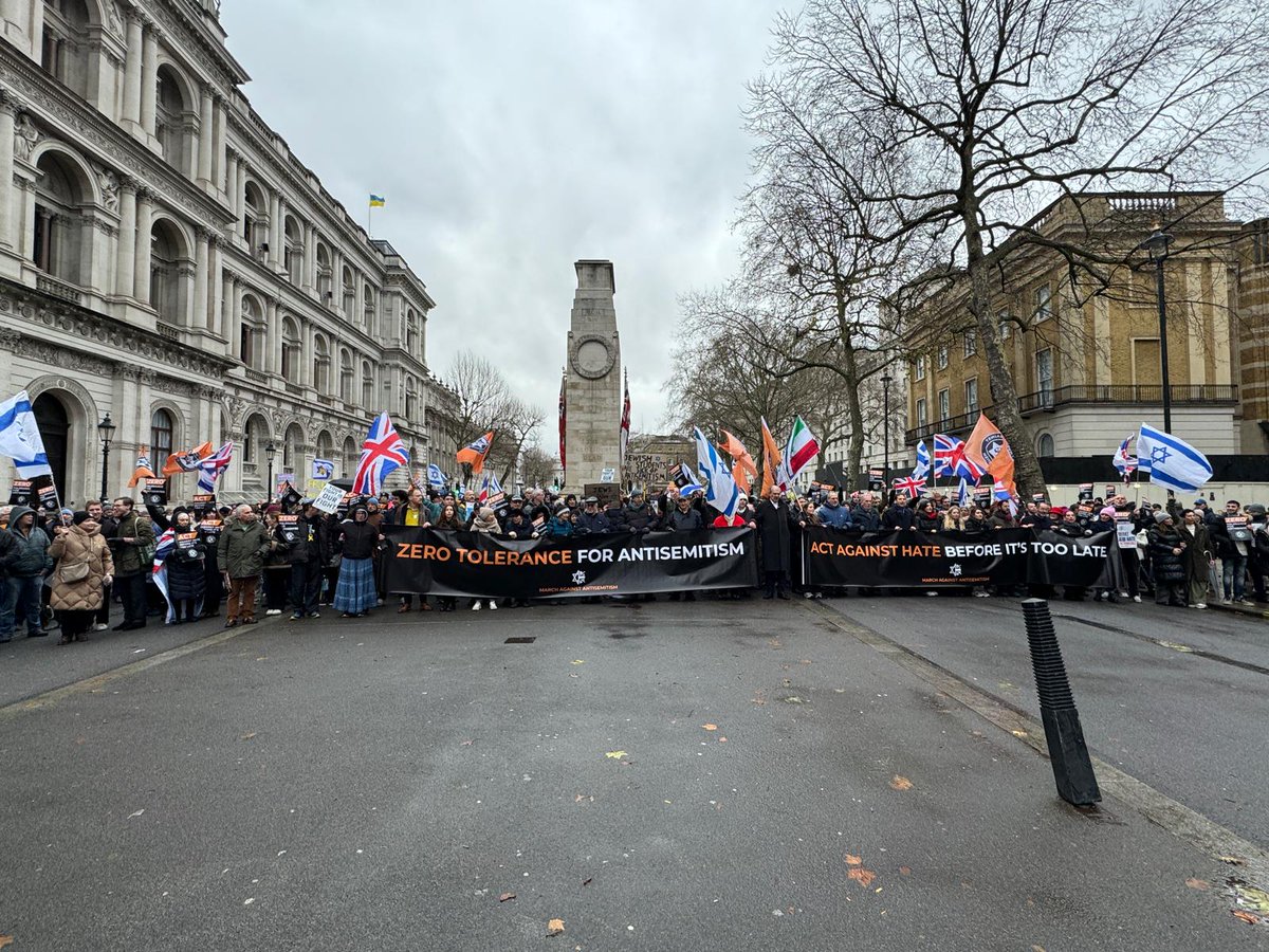 “God save the King!”

Marchers Against Antisemitism sing the national anthem outside Downing Street.

This is how the Jewish community and its friends march.

How unlike so many other marches that we’ve seen over the past year in London.

On this march, there are no violent
