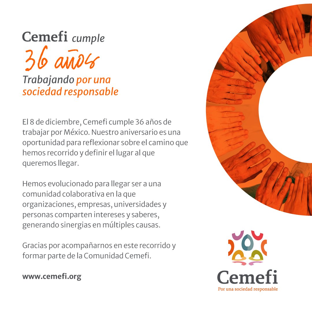 Cemefi's tweet photo. 🎉 ¡#EstamosDeFiesta! 🥳
Hoy celebramos 36 años de #Cemefi, dedicados a articular y potenciar capacidades #PorUnaSociedadResponsable.
Gracias a quienes han sido parte de este camino. ¡Sigamos construyendo un país más solidario y justo! #36AñosCemefi 🧡
🔗 https://t.co/HBNYZAfs74 https://t.co/tauJ27gWip