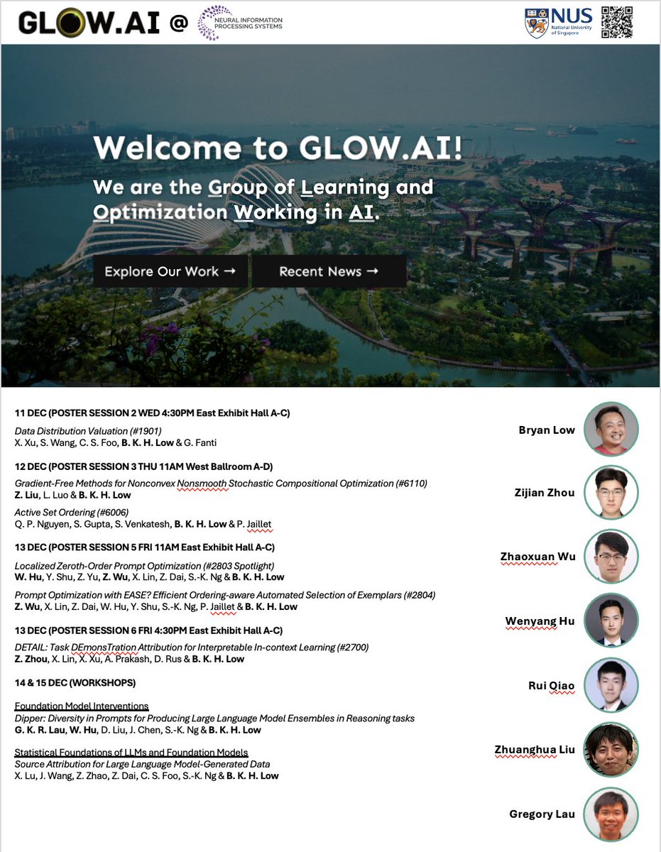 Bryan Kian Hsiang Low (@bryanklow) on Twitter photo GLOW.AI (comp.nus.edu.sg/~lowkh) will be <a href="/NeurIPSConf/">NeurIPS Conference</a> #NeurIPS2024: <a href="/_Hu_Wenyang/">Hu.Wenyang</a> <a href="/WuZhaoxuan/">Wu Zhaoxuan</a> <a href="/BobbyZhouZijian/">Zijian Zhou</a> <a href="/ZhuanghuaL/">Zhuanghua Liu</a> <a href="/ray_qiaorui/">Rui Qiao</a> <a href="/greglau/">Gregory Lau</a>.
Interested to apply for faculty or PhD in AI <a href="/NUSComputing/">NUS Computing</a>, ping me on Whova to meet up.
See you soon! GLOW.AI (comp.nus.edu.sg/~lowkh) will be <a href="/NeurIPSConf/">NeurIPS Conference</a> #NeurIPS2024: <a href="/_Hu_Wenyang/">Hu.Wenyang</a> <a href="/WuZhaoxuan/">Wu Zhaoxuan</a> <a href="/BobbyZhouZijian/">Zijian Zhou</a> <a href="/ZhuanghuaL/">Zhuanghua Liu</a> <a href="/ray_qiaorui/">Rui Qiao</a> <a href="/greglau/">Gregory Lau</a>.
Interested to apply for faculty or PhD in AI <a href="/NUSComputing/">NUS Computing</a>, ping me on Whova to meet up.
See you soon!