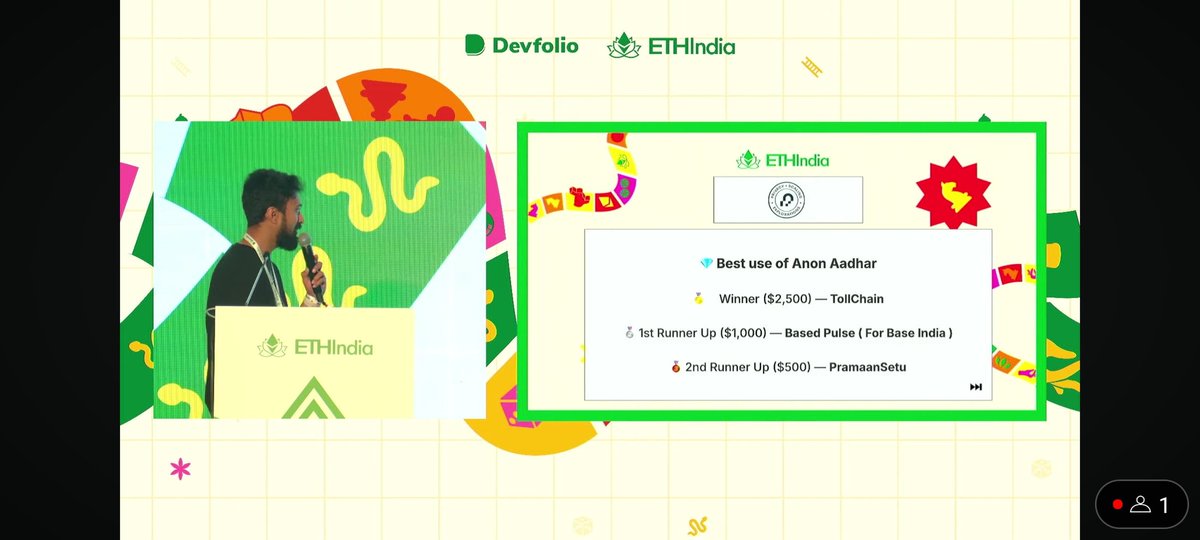 _j0sal's tweet photo. And 2nd runner up goes to - PramaanSetu 🥳
@ETHIndiaco @AnonAadhaar 🥂 https://t.co/Ogo38hlo35