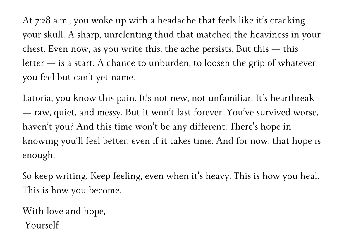 latoria_ria's tweet photo. Writing has always been my therapy. Today, it’s my way of saying goodbye.
#Day8 #31DaysChallenge #HeartfeltMessages #NewBeginnings #WritingChallenge2024 #DecemberVibes #LaunchJourney #CardsForAllOccasions
#Latoria https://t.co/hyFd7kfCnA