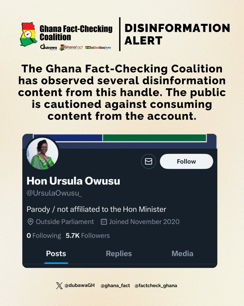 factcheck_ghana's tweet photo. You are cautioned against consuming content from this parody account posing as Ursula Owusu.
#VerifyElection2024 #VerifyGHElection2024 #GHFactCheckingCoalition #StopDisinformationGH https://t.co/i9bejk8r7p