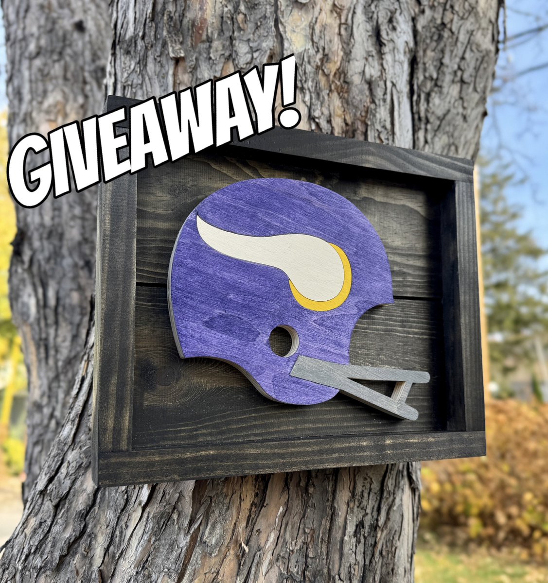 thatsbadassmn's tweet photo. 🏈GIVEAWAY TIME🏈

I’m going to be choosing one random #Vikings fan who LIKES and RETWEETS this post to win an old school helmet wood art piece handmade by me! 

Tag any and all Vikings fans below! #SKOL 

Winner announced via retweet tonight @ 8:30PM CST https://t.co/NRFHNuFE5w