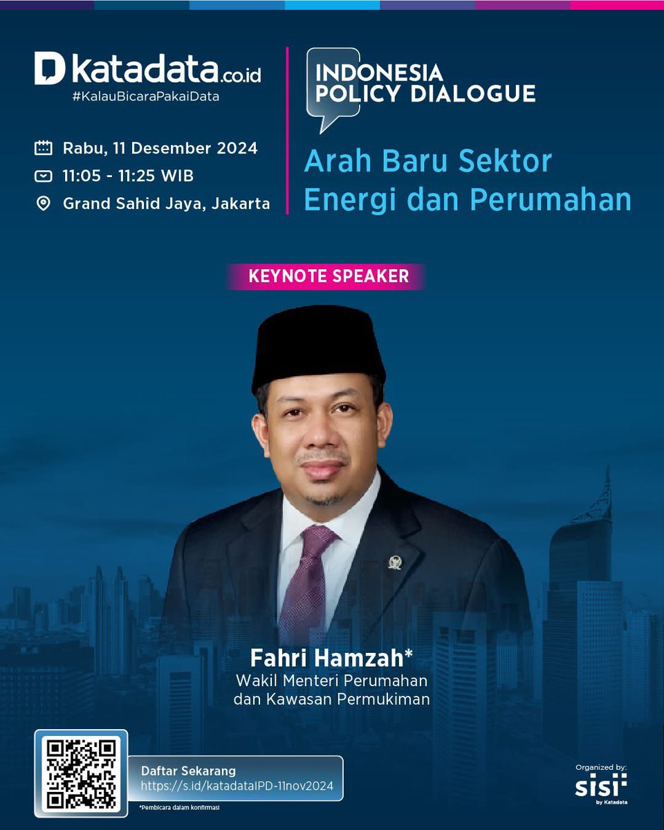 Indonesia Policy Dialogue yang diselenggarakan oleh KATADATA akan menghadirkan Wamen PKP <a href="/Fahrihamzah/">#AyoMoveOn2024</a> bertema "Arah Baru Sektor Energi dan Perumahan" bersama para narasumber lain.

Acara akan berlangsung pada hari Rabu (11/12). Detil tercantum pada gambar 👇🏻