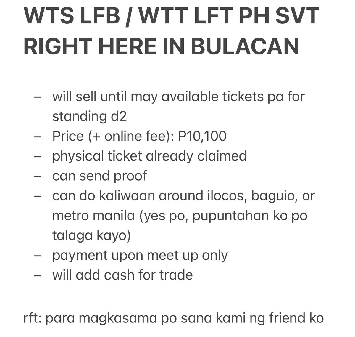 wonverly's tweet photo. WTS LFB / WTT LFT PH

HAVE: (1) Day 1 Bleachers Center 1 Section 116, Row 3
WANT: (1) Day 1 Standing D2 

pls dm/reply if inch

#SEVENTEEN_RIGHT_HERE_IN_BULACAN https://t.co/9TII0Z6Gjz