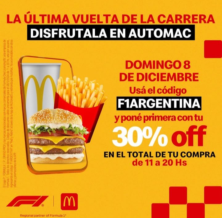 AhorrandoAndoAr's tweet photo. Mc Donald's

En @McDonalds_Ar hay 30% de descuento comprando por la APP y retirando por #Automac, ingresando el código: F1ARGENTINA 
Vigencia: solo por hoy de 11 a 20hs.
No acumula con otras promos.

Más info: https://t.co/j7B9K7rUJM