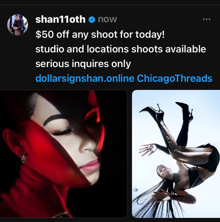 dollarsignshan's tweet photo. $50 off any shoot for today!
studio and locations shoots available
serious inquires only
https://t.co/umfXDCf97U #ChicagoThreads https://t.co/Q3ARLlnnt9