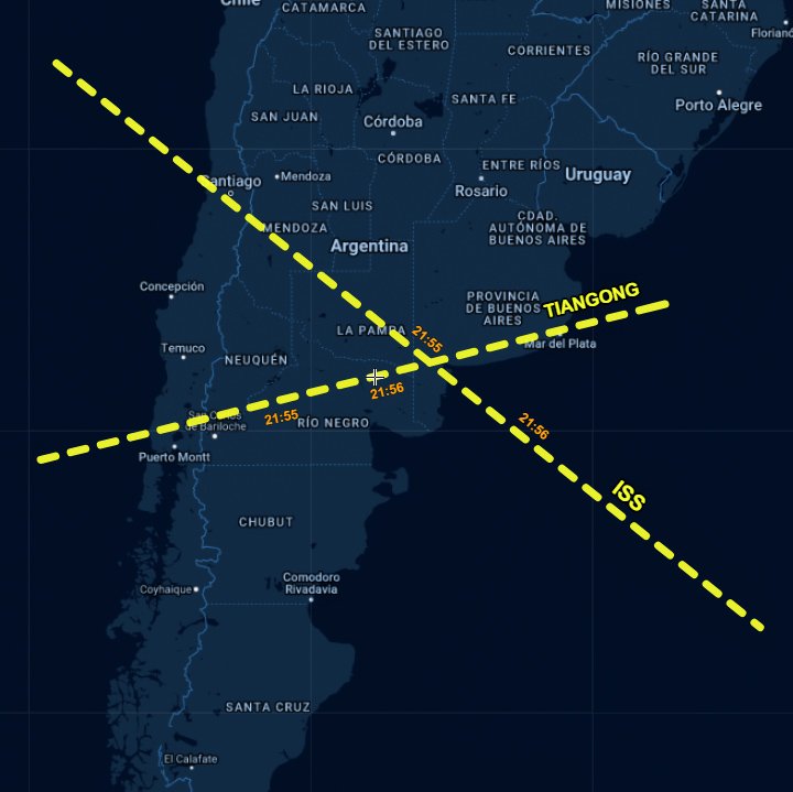 🔴 HOY tendremos un fenómeno espacial muy POCO COMÚN 

Justo sobre nuestro país se cruzarán las 2 estaciones espaciales, la #ISS y la #TIANGONG en el mismo horario, y se verán muy brillantes 🛰🌟🛰