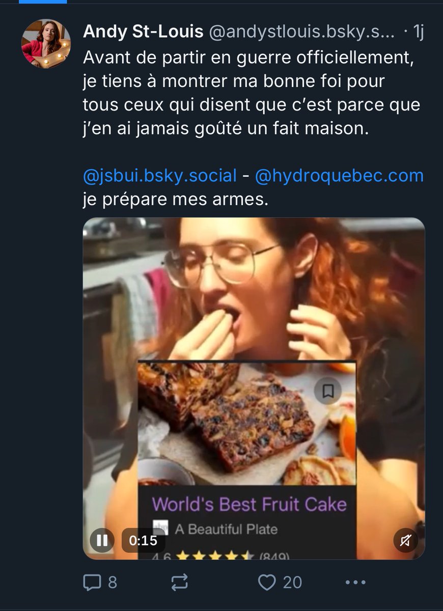 Ma petite publicité de bluesky de la semaine : ces temps-ci c’est la guerre au gâteau aux fruits! bsky.app/profile/andyst…