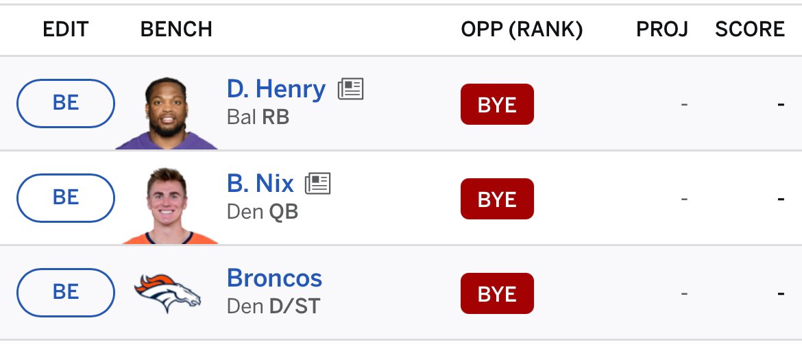 Fepj512's tweet image. When you are fighting to get into the playoffs down to the last week and you hoped this wasn’t going to be a problem 😢😢😢#FantasyFootball #fantasyfootballproblems