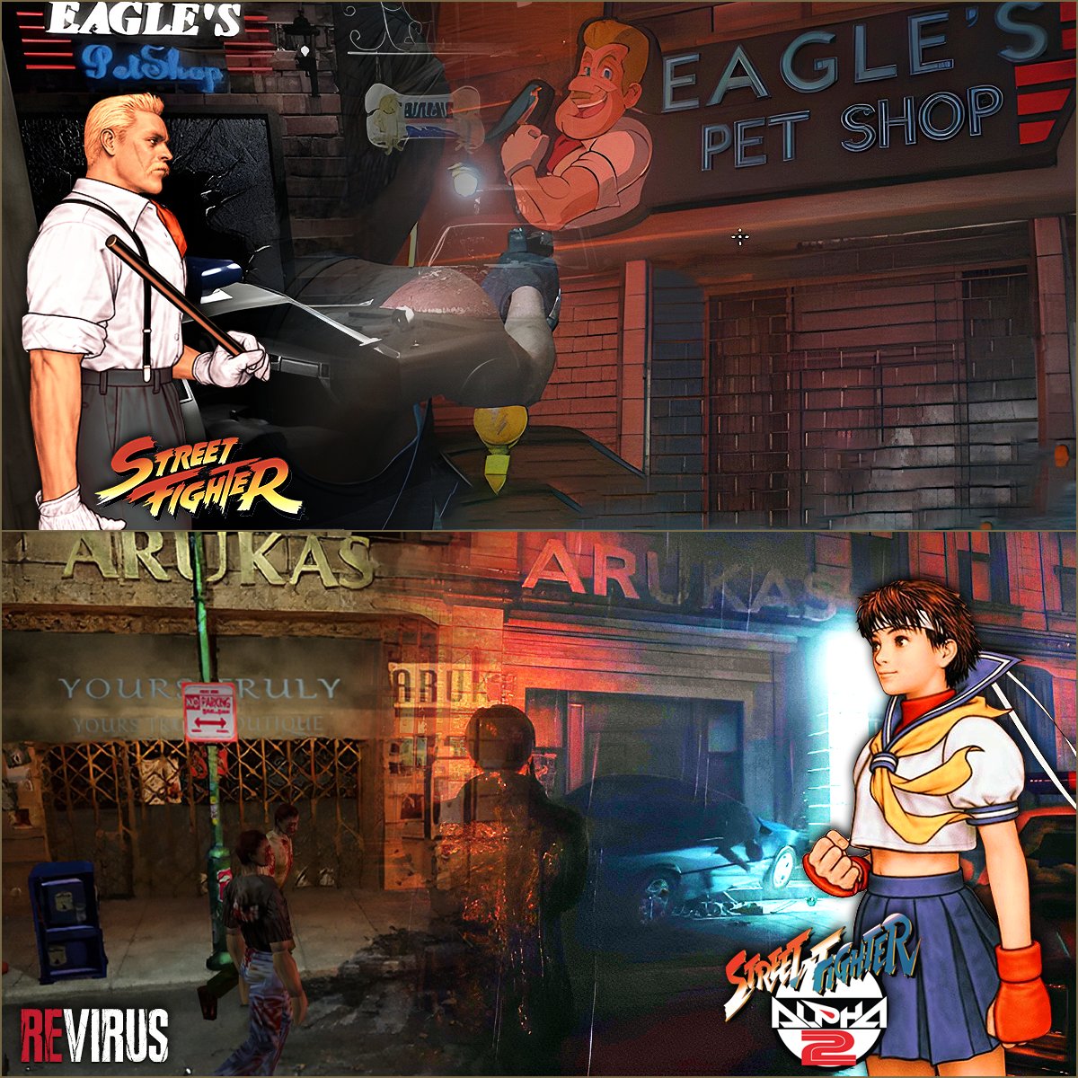 RE_Virus's tweet photo. Die Geschäfte "Eagle's Pet Shop" (Resident Evil 3) und "Arukas" (Resident Evil 2) sind Anspielungen auf die Street Fighter-Charaktere Eagle und Sakura. 

Auf dem Bild ist links jeweils eine Darstellung aus den Originalspielen und rechts eine aus den Remake-Versionen zu sehen. https://t.co/kmYtZiGSKr