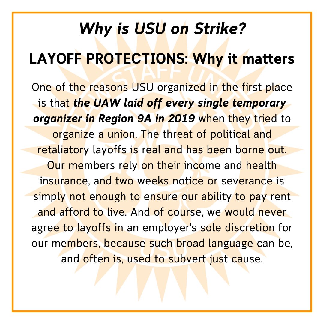Another primary reason for the USU strike: layoff protections. Our organizers deserve to know whether they'll be able to pay next month's rent. If locals can commit to reasonable notice or severance, the International can too.

Check out our link in bio for ways to support! ✊❤️