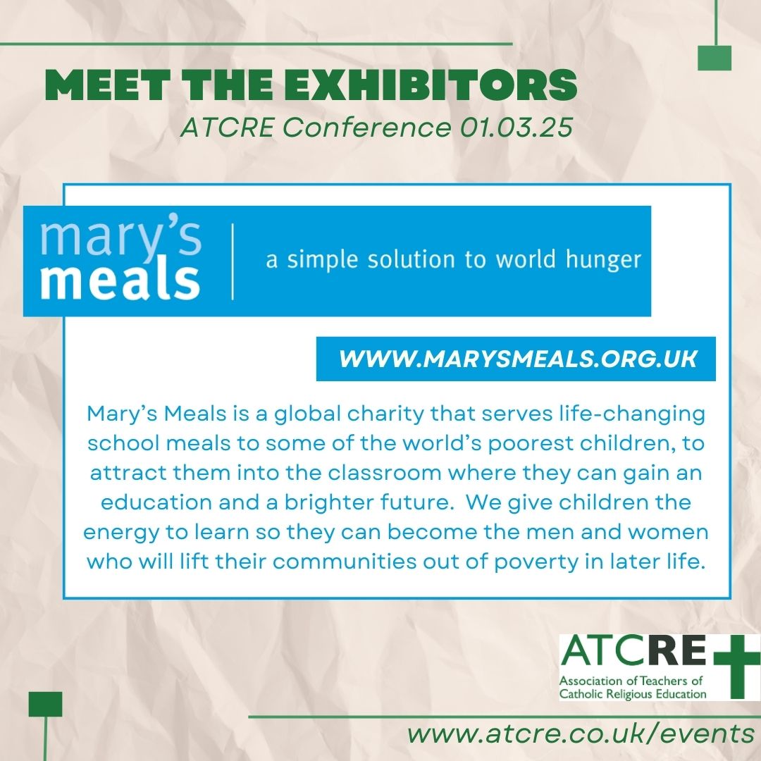 ATCRE_EW's tweet photo. We are delighted to welcome @MarysMeals as one of our conference exhibitors. Tickets are now on sale for the ATCRE National RE Conference in Birmingham on Sat March 1st.  The theme is 'Scripture at the heart'.   Tickets at https://t.co/XnWyZLHgdp #ATCRE2025 https://t.co/gTZMkRH4hn